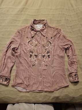 Votre Nom Collection XL Silk Blend Mauve Velvet Beaded Floral Cardigan Blouse